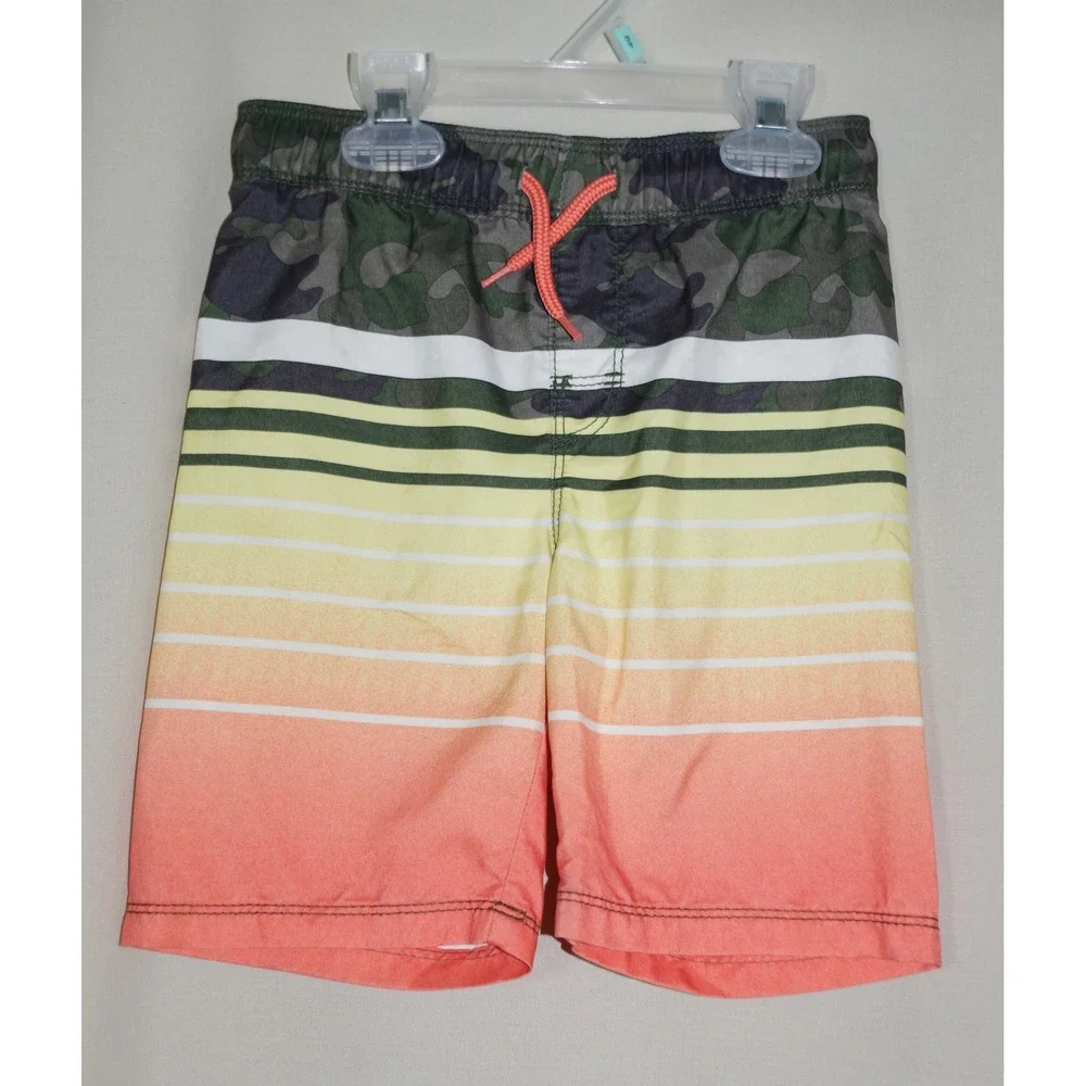 Old Navy Boys Swim Trunks 5T Camo Sunset Striped Board Shorts Orange Green